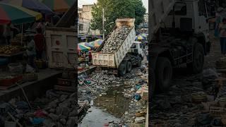 5-Ton Truck Struggles to Dump Heavy Rocks in City Drain! #shortvideo #viral #truck #dumptruck #rock