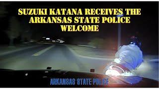 Pursuit with STOLEN Suzuki Katana - Fleeing motorcycle tries everything to evade, Trooper bumps it