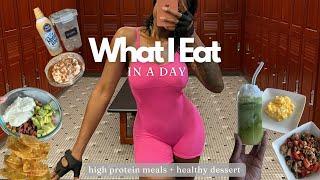 WHAT I EAT IN A DAY: high protein diet + healthy dessert + glute day workout