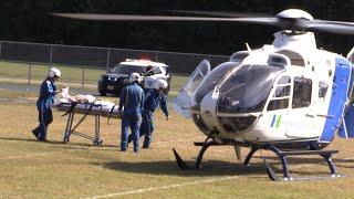 Hackensack University Medevac flies a burn patient from Saddle Brook NJ High School Landing Zone