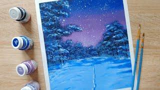 Рисуем зимний лес / Простой зимний пейзаж / Зимняя ночь в лесу / Winter landscape / winter forest