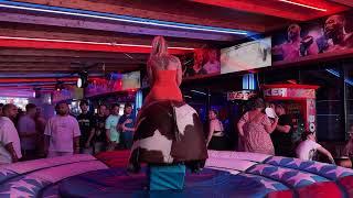 OMG Pretty Girl Ride on Benidorm Bull | Mechanical Bull 4K . Spain Resort September 2024