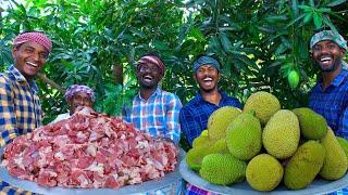 JACKFRUIT MUTTON | Raw Jackfruit Mutton Gravy Cooking in Village | Spicy Mutton Recipe Mutton Curry