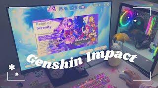 playing genshin impact on my aesthetic pc set up | cozy gameplay 