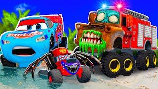 Lightning McQueen BIG Truck VS TOW Mater Fire Truck ZOMBIE, Apocalypse in BeamNG.drive