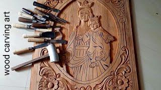 Mary and Jesus carving teak wood