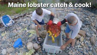 Maine lobster catch and cook over the fire on remote Maine island! 