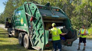 Mack Granite McNeilus Rear Loader Garbage Truck Packing Trash on Very Interesting Route!