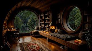 Rainy Day Jazz in Cozy Wooden Cabin - Gentle Jazz Piano Music with Crackling Fireplace for Unwind