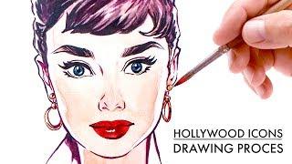 Hollywood Icons. Watercolor Drawing Process