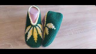 Тапочки с листиками . Gestrickte Hausschuhe mit Blättern. Videos mit Untertiteln