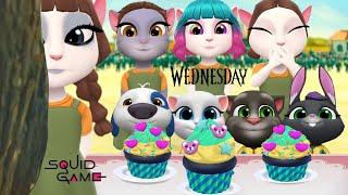 My Talking Angela2  Squid Game But Wednesday Enid The Squid Doll  Tom Friends Battle Cooking 