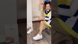 Wolford Tights Nylon Feet Legs, White Skechers Sneakers Shoes Put On, Cheerleader Cosplay Costume