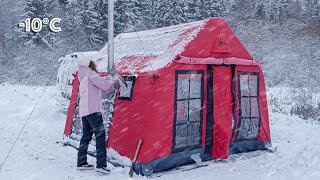 SOLO GIRL in Snowstorm: ASMR Living in an Inflatable Tent ️