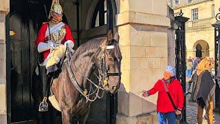 CACKLING KAREN RETURNS TO SEEK ATTENTION AND EVEN THE HORSE LOOKS UPSET at Horse Guards!