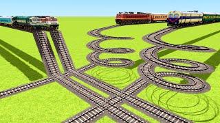 FOUR TRAINS VS CRAZY ATTACK OF DOUBLE LONG SPRING TURNS RAILROAD ▶️ Train Simulator | CrazyRails