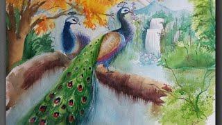 How to draw a Peacock in a landscape with watercolour | loose method