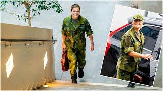 Crown Princess Victoria of Sweden arriving to military training and class