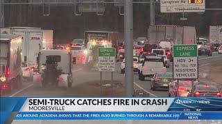 Tractor-trailer with equipment failure crashes; catches fire on I-77 south