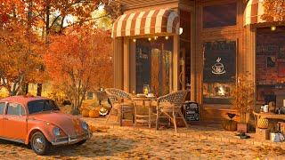 A Cozy Autumn Porch by the Coffee Shop Ambience 4K  Jazz Music for Relaxing, Studying and Working