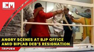 Angry scenes at BJP office after Biplab Deb resigns as Tripura chief minister