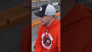  Matvei Michkov jokes Briere carrying his hockey sticks at airport will 'help him score more goals'