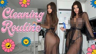 [4K] Cleaning Routine in Transparent Robe | No Bra