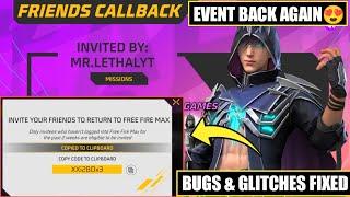 Call Back Event Back Again Free Fire | Bugs & Glitches Fixed