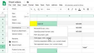 How to convert sheet to html table or pdf or ODS, MS excel, xlsx, CSV, TSV  in Google sheets