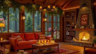 Cozy Cabin Ambience on a Rainy Day ️ Soft Jazz Music, Fireplace & Rain Outside the Window