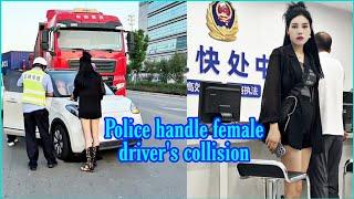 Female driver Tao Tao was invited to the police station to handle the collision incident.