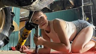 Mechanic girl: maintenance repair and cleaning of YANMAR FX 24 tractors