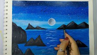 Ocean View At Midnight Painting ||Landscape || Painting || Moonlit Night || Eshas Arts