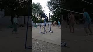 Beach volleyball, a strong throw of the ball from the right flank into the out.