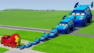 Big & Small Pixar Cars VS Iron Man the Tank Engine Train - BeamNG.drive