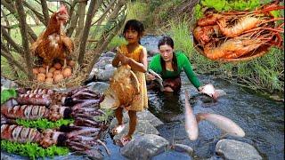 Top 4 videos mother with daughter catch & cook fish. chicken. egg. Squid. Lobster eating delicious