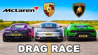 McLaren Artura v Lambo Perf v Porsche 911 Turbo: DRAG RACE