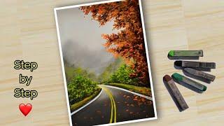 ️ How To Draw Beautiful FOREST ROADWAYS Scenery With Soft Pastel Colour.