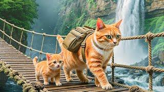Mama Cat and Kitten Catches Fish in The Stream Outdoor Cooking Mountain Forest Relax Story 