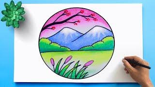 Easy Scenery Drawing | Colorful landscape to draw