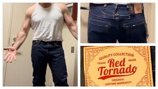 Red Tornado 16.5 oz Raw Indigo Selvedge Denim Jeans Winch Strap Try on