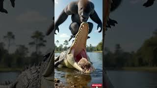 Gorilla vs Crocodile: Daring Rescue of Baby Monkey Caught on Camera! #animals #tiktok#trending