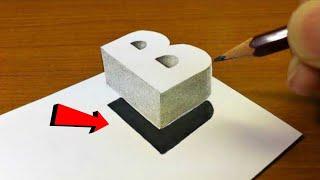 Very Easy!! How To Drawing 3D Floating Letter "B" - Anamorphic Illusion - 3D Trick Art on paper