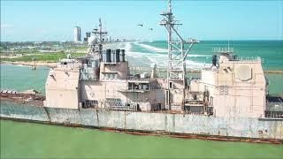 USS Ticonderoga CG-47 getting towed to Port of Brownsville to get scrapped