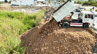 Full Completed 100% Skill KOMATSU DOZER Driver Push Soil To Filling Up With Dump Trucks Process