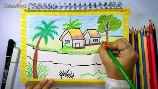 Village Scenery Drawing With Pencil Color Drawing || Landscape || Pencil Art || Eshas Arts