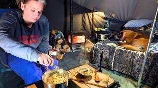 Hot Tent Camping in a Massive Snowstorm | ASMR | Ramen