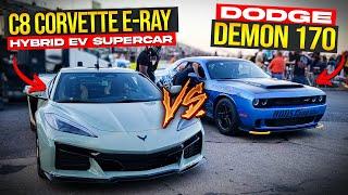 Dodge Demon 170 vs C8 Corvette E Ray 1/4 Mile DRAG RACE | Muscle Car vs Hybrid Supercar