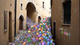 Balls flooding the old city, blender animation, rigid body simulation,  camera mapping, RBDLab addon