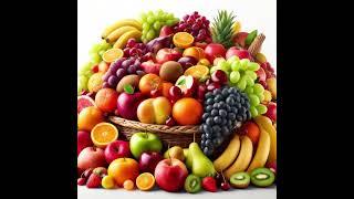 A photograph of a basket filled with an assortment of fruits including bananas, grapes, oranges,